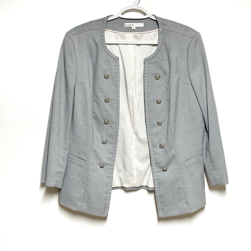 Cleo Grey Tweed Open Front Button Embellished Blazer Jacket Sz M